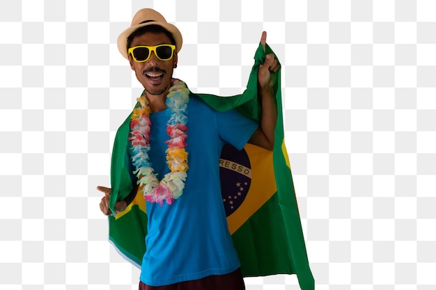 PSD 브라질 카니발을 위해 옷을 입은 안경을 쓴 잘생긴 젊은 흑인 남자