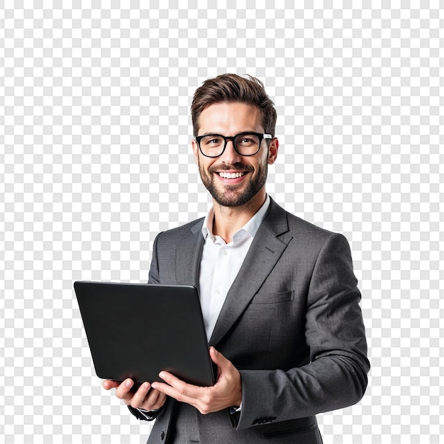 Handsome young businessman holding folder isolated on transparent background