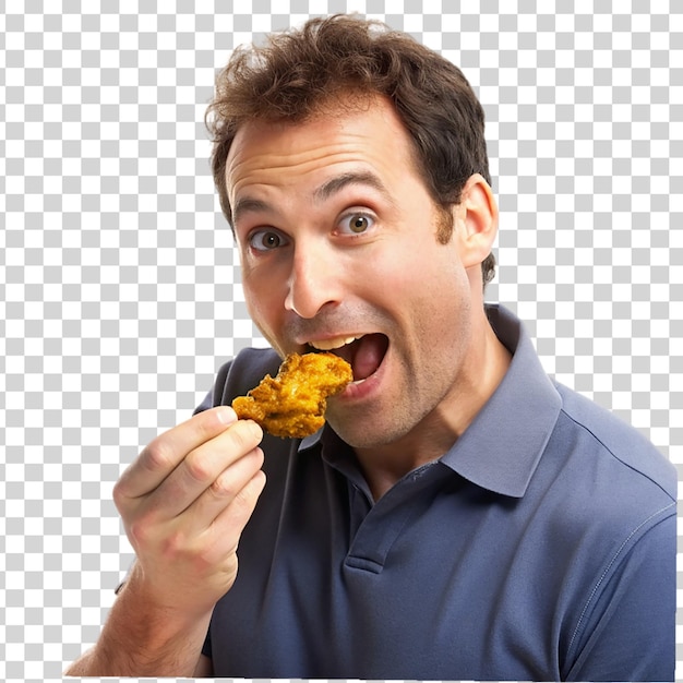 PSD Красивый молодой человек ест жареную курицу изолированно на прозрачном фоне
