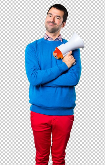 PSD handsome young man holding a megaphone