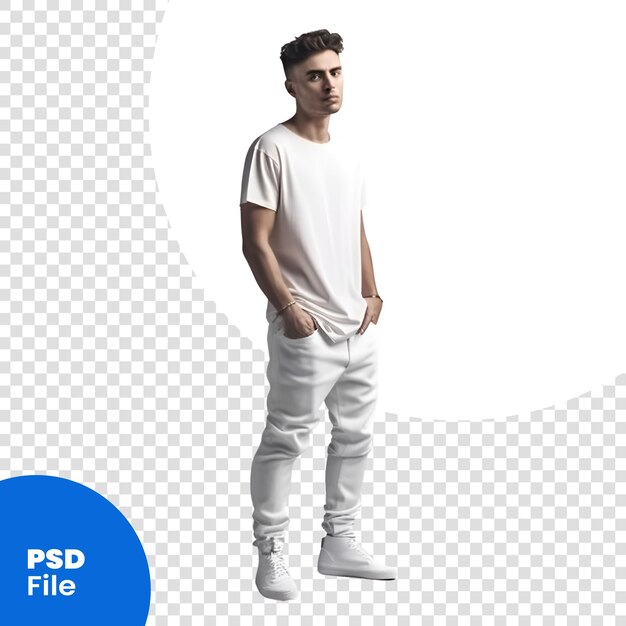 Handsome young man in white t-shirt and sneakers isolated on white background psd template