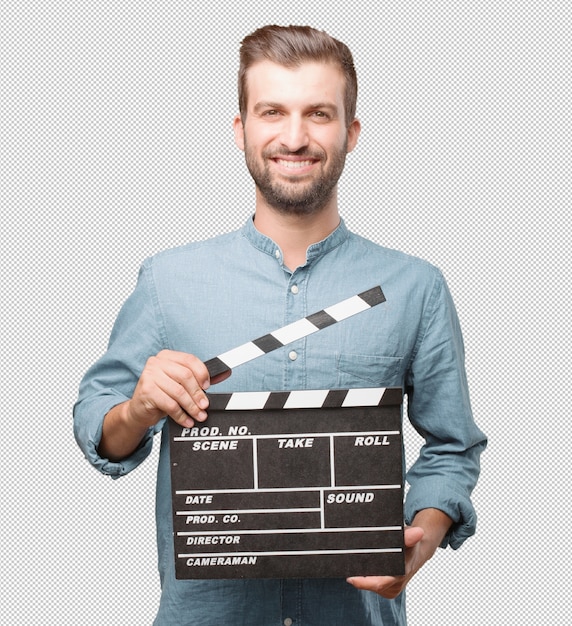 PSD Красивый молодой человек с clapperboard