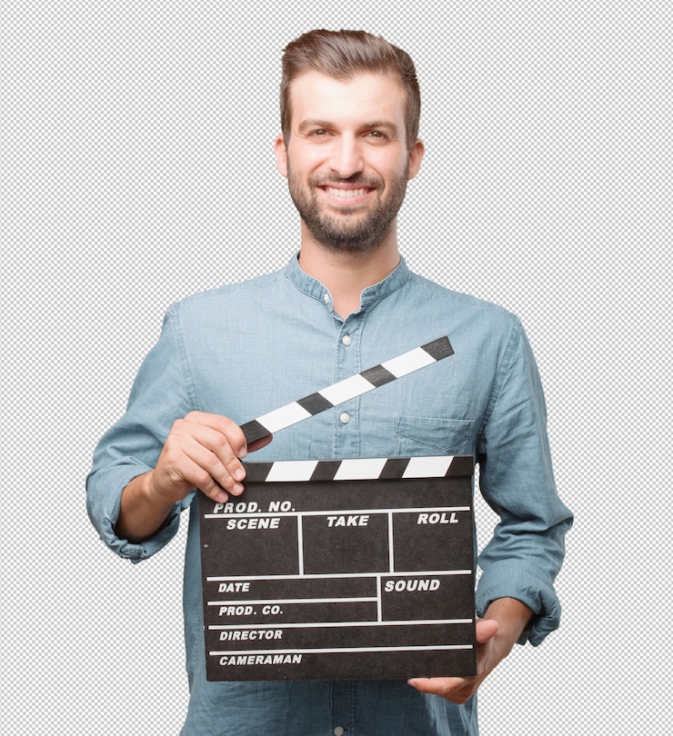 PSD красивый молодой человек с clapperboard