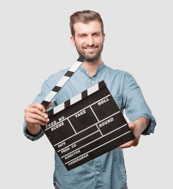 PSD Красивый молодой человек с clapperboard