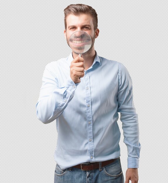 PSD handsome young man with magnifying glass