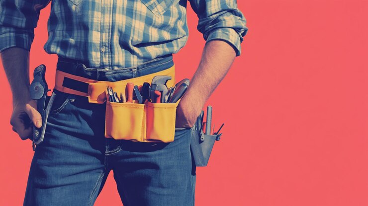 PSD handyman with tool belt and various tools on coral background