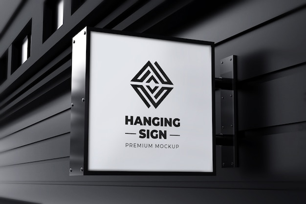 Hangende Teken Mockup Buiten Vierkante Neonbox Zwart Wit
