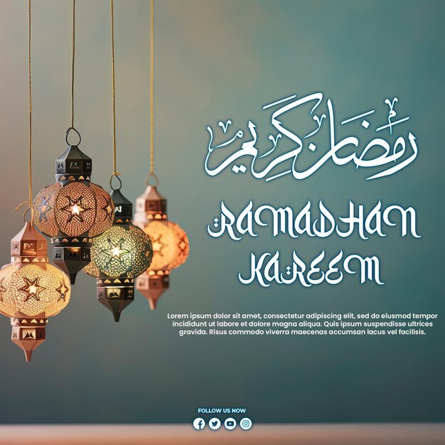 PSD hanging arabic lanterns on light background copy space islamic eid alfitr and eid aladha celebra