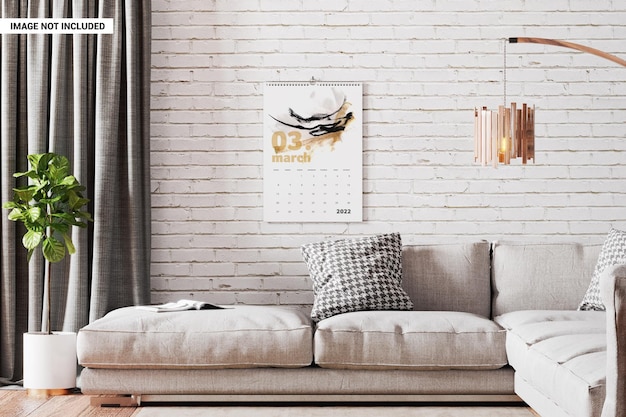 Hanging calendar in modern interior mockup