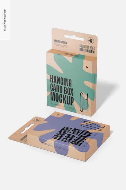 PSD hanging card boxes mockup, standing and dropped