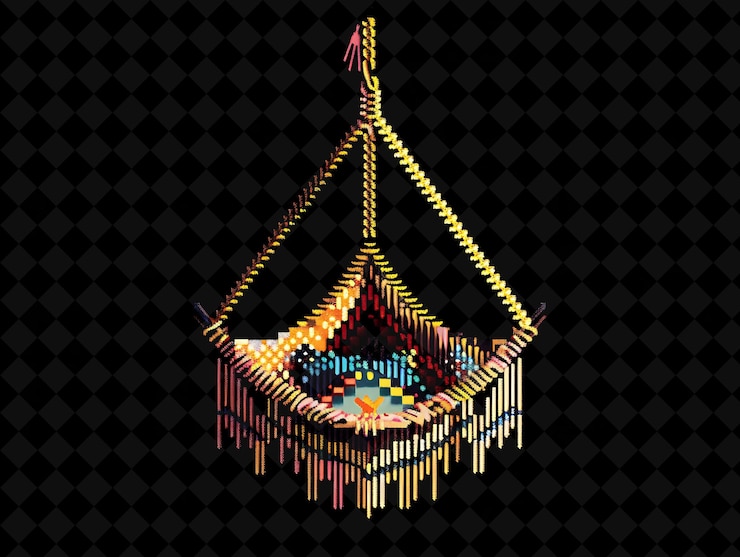 PSD hanging chair 8 bit pixel with boho design and macrame with png unique y2k design collection