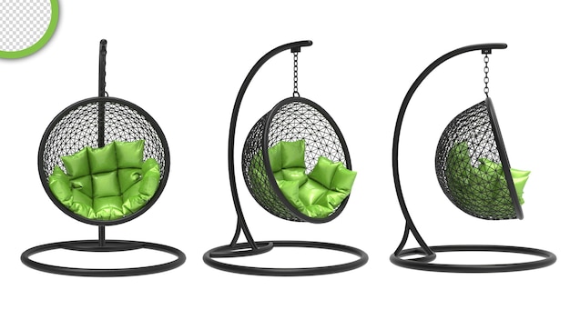 A hanging chair with a green bow sits in a black metal stand.