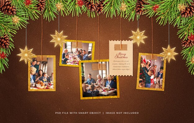 Hanging christmas greeting photo paper film frames mockup