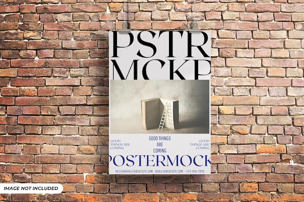 Mockup di poster appeso sullo sfondo di una parete di mattoni modello psd modificabile