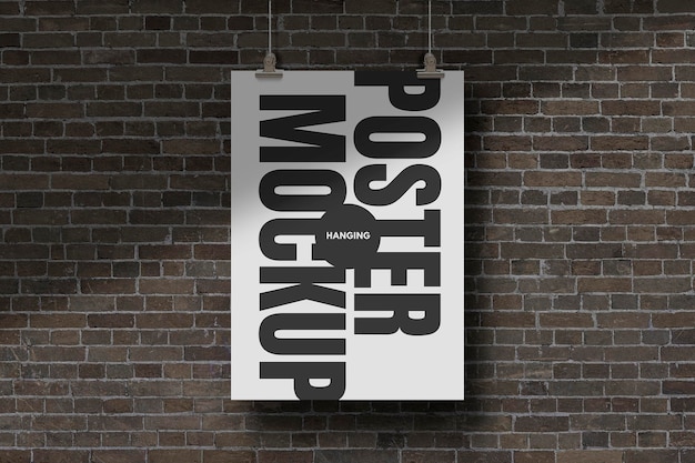 Poster appeso mockup su sfondo muro di mattoni