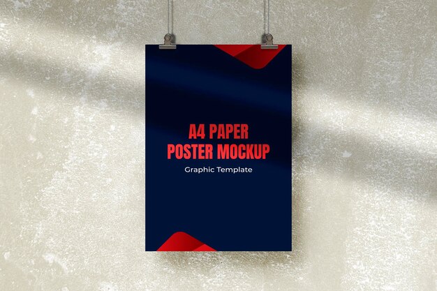 Hanging poster mockup on wall concrete texture background