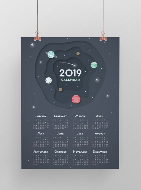 Mockup di calendario tema di spazio appeso