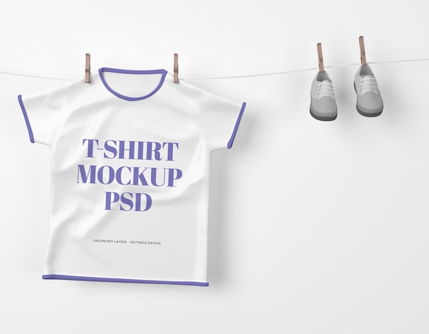 PSD hanging t-shirt and shoes for kids mockup psd