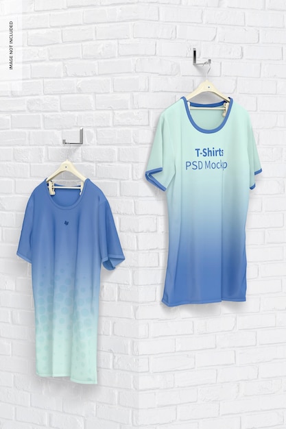 hanging t-shirts mockup, perspective view