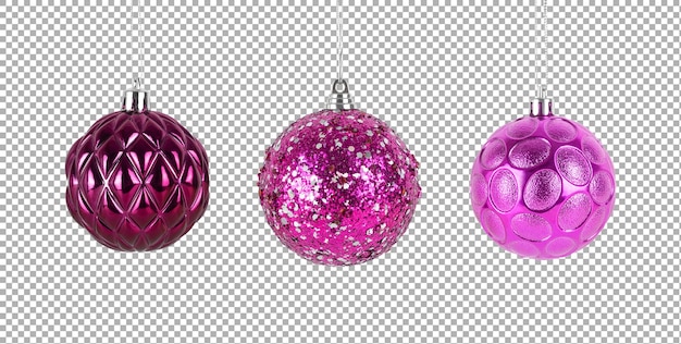 Hanging three purple different Christmas balls set of violet bauble