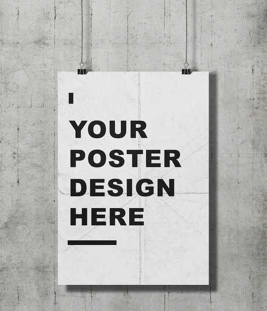 PSD hanging wall poster mockup template on grunge concrete wall