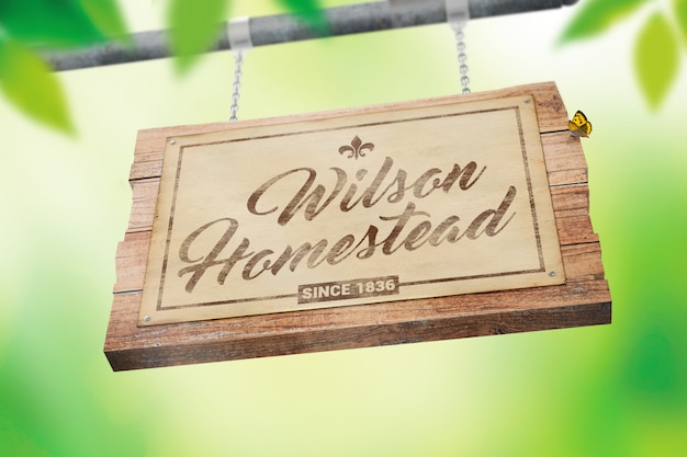 PSD hanging wooden sign with vintage paper mockup