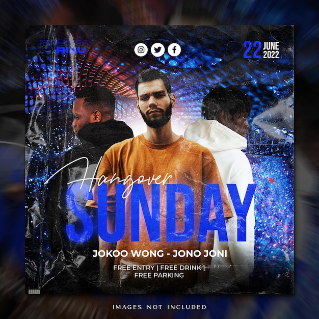 Modello di post sui social media per la festa del dj club di hangover sunday