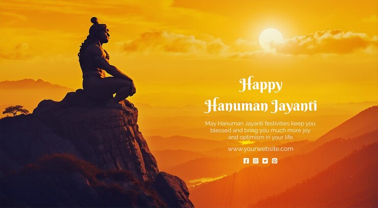 PSD hanuman jayanti concept god hanuman sitting on a top of mountain rock on sunset view background