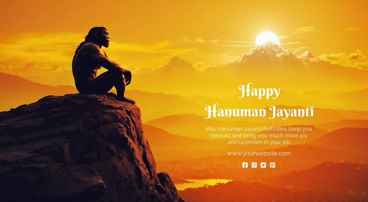 PSD hanuman jayanti concept god hanuman sitting on a top of mountain rock on sunset view background