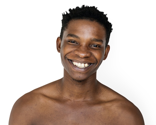 PSD happiness african man smiling bare chest studio portrait