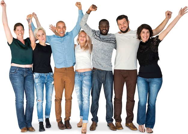 PSD happiness group of people huddle and arms raised smiling together