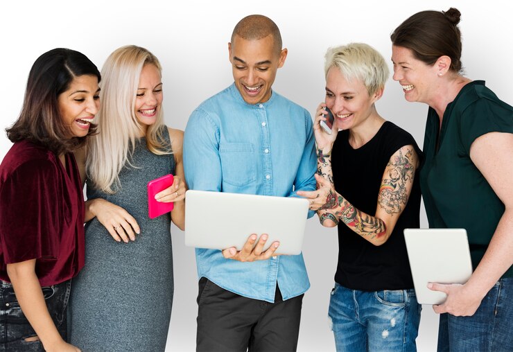PSD happiness group of people smiling and conneted by digital devices