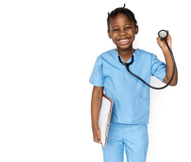 PSD happiness little girl with doctor dream job smiling