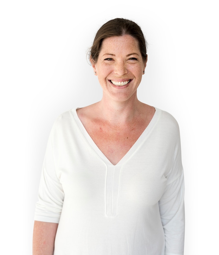 PSD happiness woman smiling casual studio portrait
