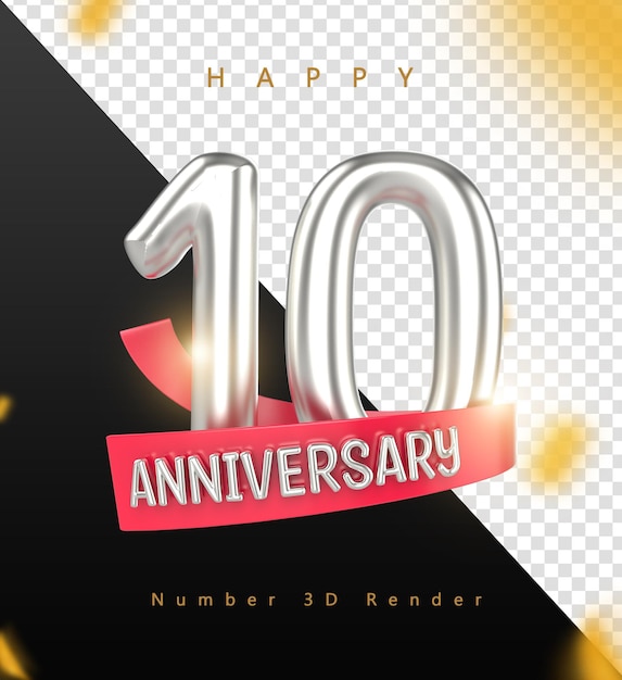 Happy 10th Anniversary Celebration with Silver Number and Red Ribbon