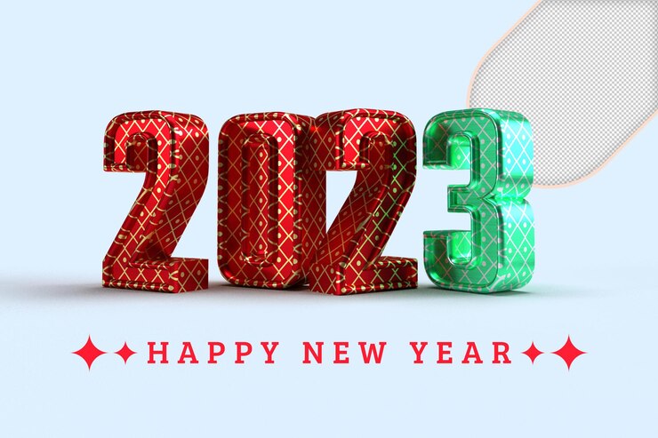 PSD happy 2023 in gold ballon with golden gifts, confetti and xmas baubles