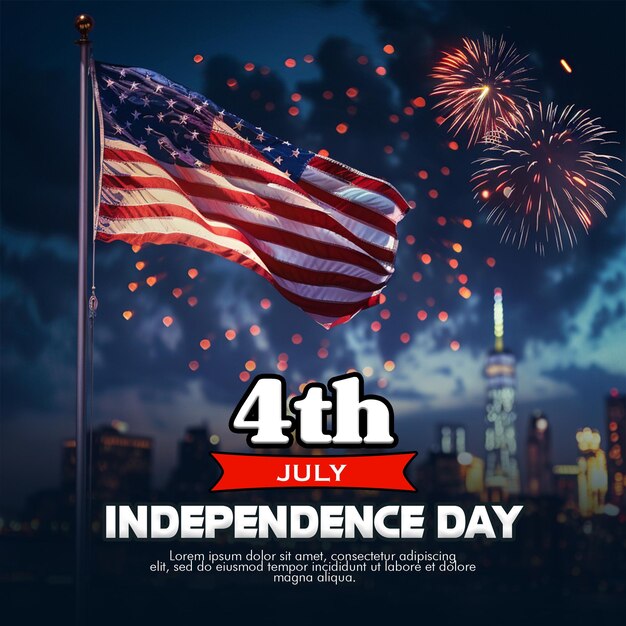 PSD happy 4th july celebration poster with independence day of america background and usa waving flag