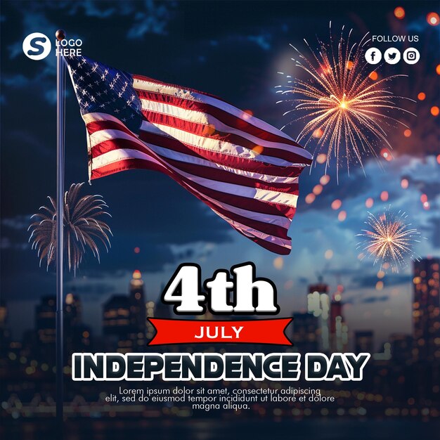 Happy 4th july celebration poster with independence day of america background and usa waving flag