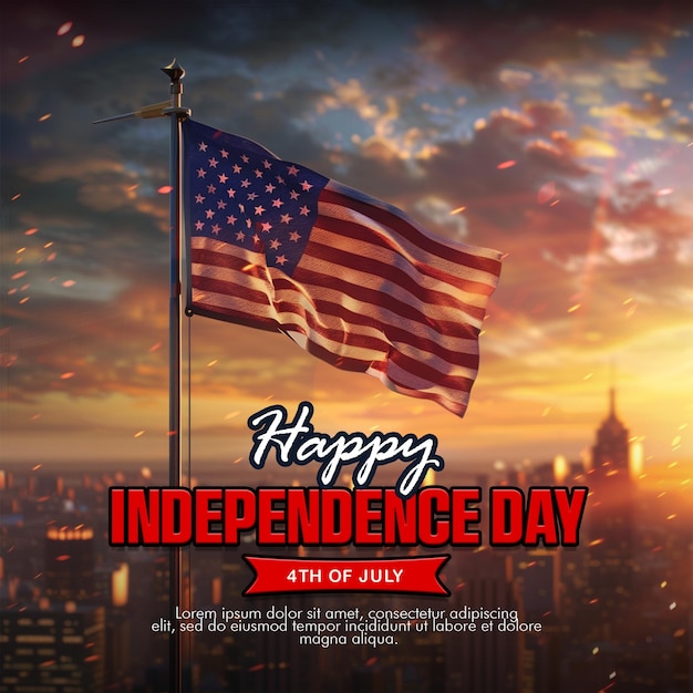 PSD poster della celebrazione del 4 luglio con la giornata dell'indipendenza dell'america sullo sfondo e la bandiera degli stati uniti sventolata