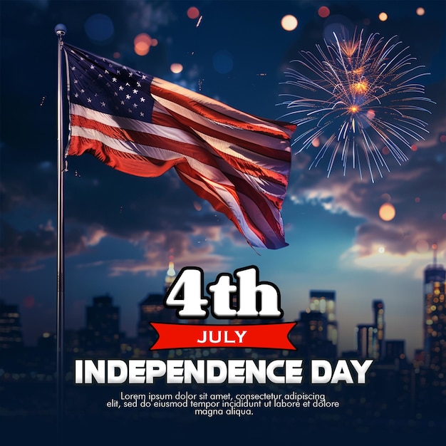 PSD happy 4th july celebration poster with independence day of america background and usa waving flag