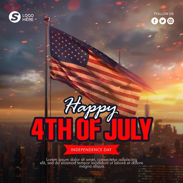 PSD happy 4th july celebration poster with independence day of america background and usa waving flag