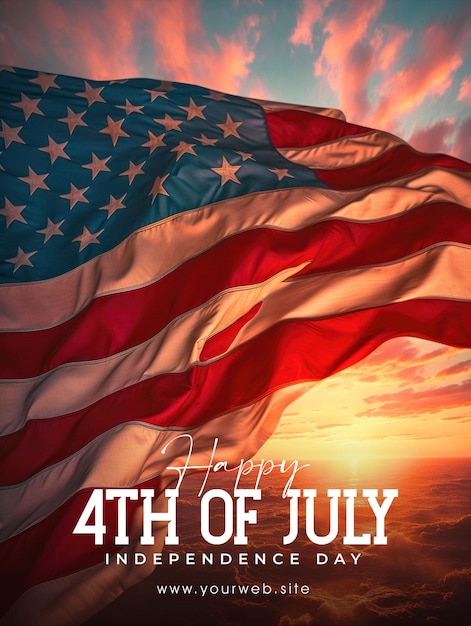 PSD a happy 4th of july poster with a sunset and a flag