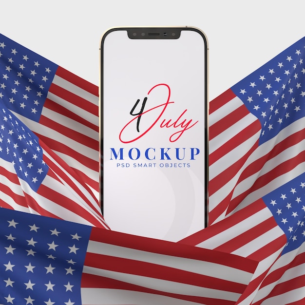 Felice 4 luglio usa independence day e smartphone mockup con decorazione e bandiera americana