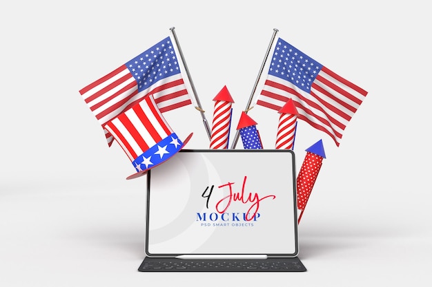 PSD felice 4 luglio usa independence day e mockup di tablet con decorazione e bandiera americana