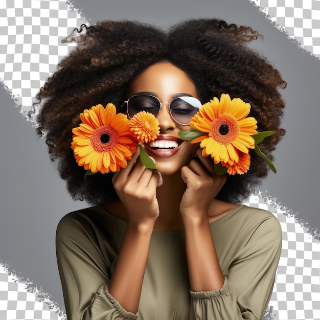 PSD happy african american florist wearing casual clothes having fun with orange gerberas indoors