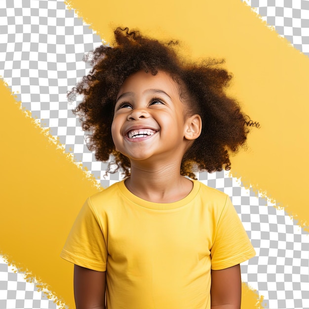 Una felice ragazza afroamericana che posa con un grande sorriso isolata in uno studio giallo con uno sfondo trasparente