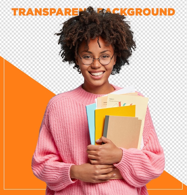 Happy afro woman student holding college school books