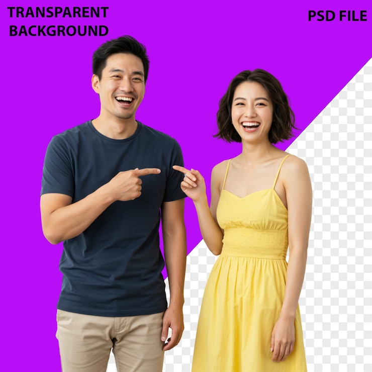 PSD happy asian couple pointing and laughing
