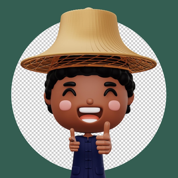 Счастливый азиатский фермер в рубашке mauhom и бамбуковой шляпе поднимает палец вверх 3d рендеринг