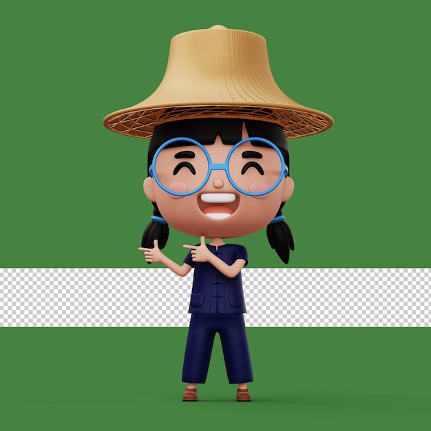 PSD agricoltore asiatico felice che indossa camicia mauhom e cappello di bambù che punta il dito rendering 3d